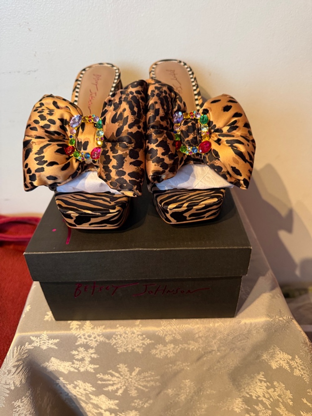 Betsey Johnson Leopard Print Bow Platform Slides with Jewel Buckle - Brown
